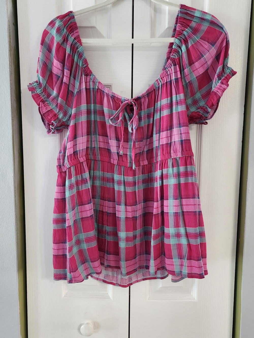 Plaid Peasant Tunic with Tie Front Baby Doll Summer Top